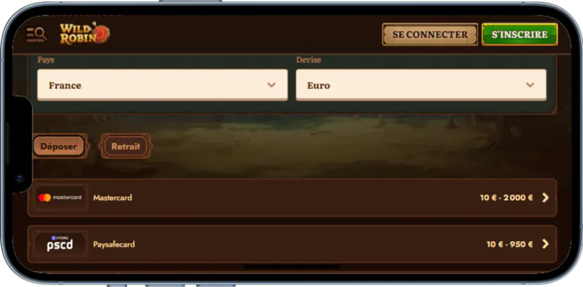 Méthodes de Paiement Mobile sur Wild Robin France