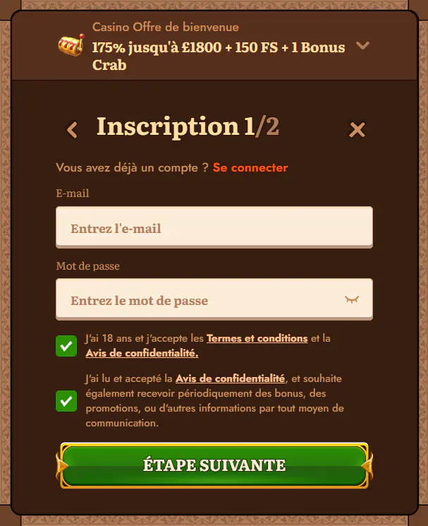 Formulaire d'enregistrement de compte au casino Wild Robin