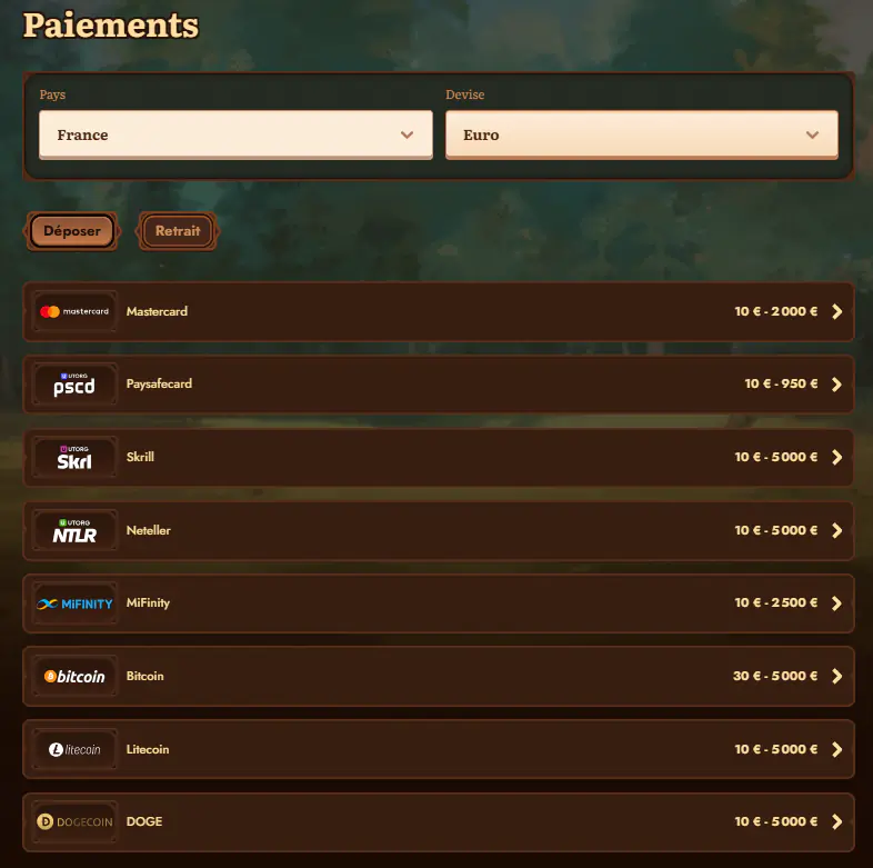 Méthodes de paiement du Casino Wild Robin
